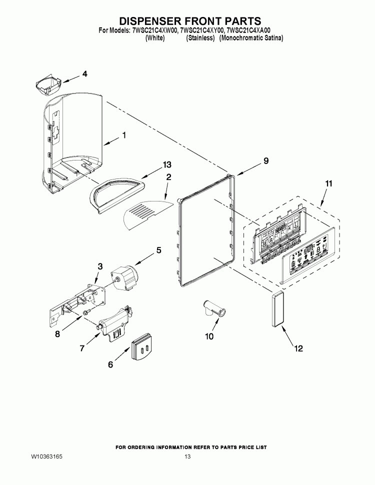 DISPENSER FRONT PARTS Diagram and Parts List for 7WSC21C4XA00  Whirlpool Refrigerator