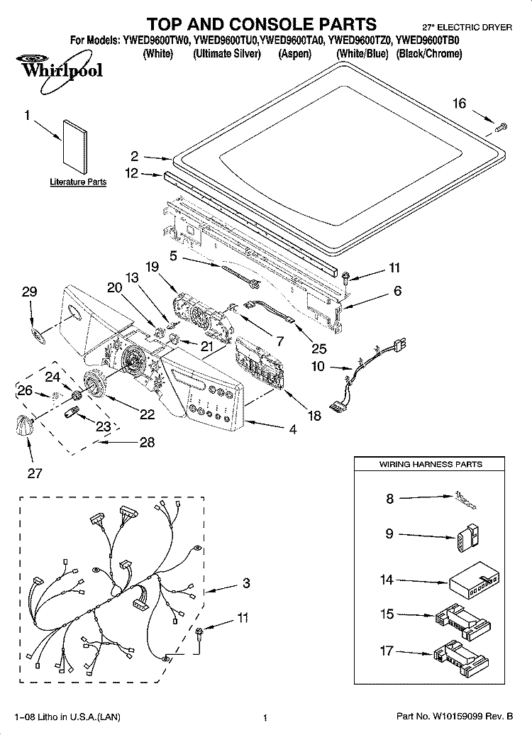 TOP AND CONSOLE PARTS Diagram and Parts List for YWED9600TA0  Whirlpool Dryer