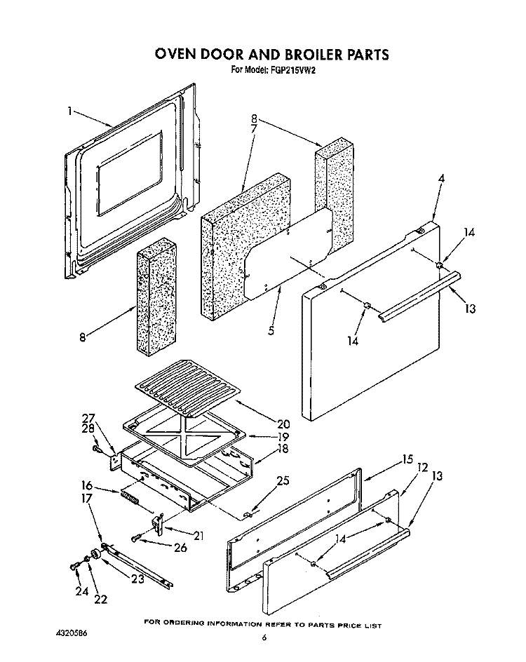 OVEN DOOR AND BROILER Diagram and Parts List for FGP215VW2  Roper Range