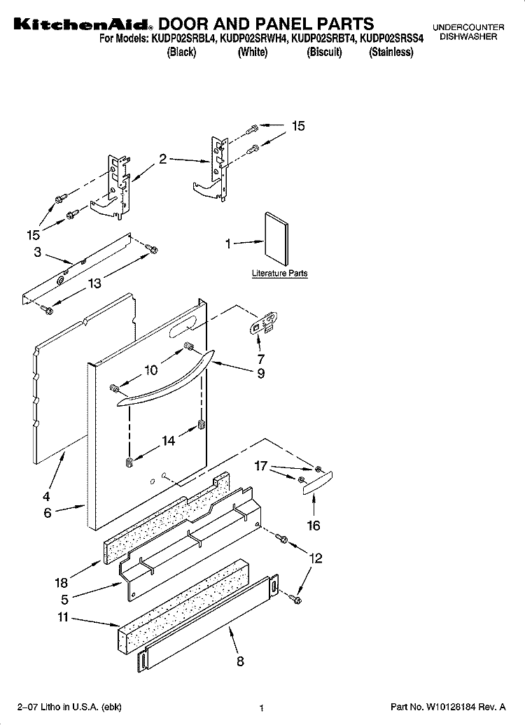 DOOR AND PANEL PARTS Diagram and Parts List for KUDP02SRWH4  KitchenAid Dishwasher