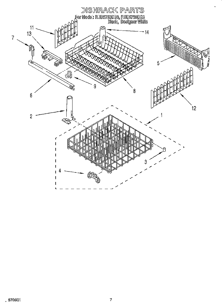 DISHRACK Diagram and Parts List for RUD5750DB3  Roper Dishwasher