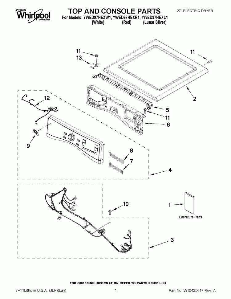 TOP AND CONSOLE PARTS Diagram and Parts List for YWED97HEXR1  Whirlpool Dryer