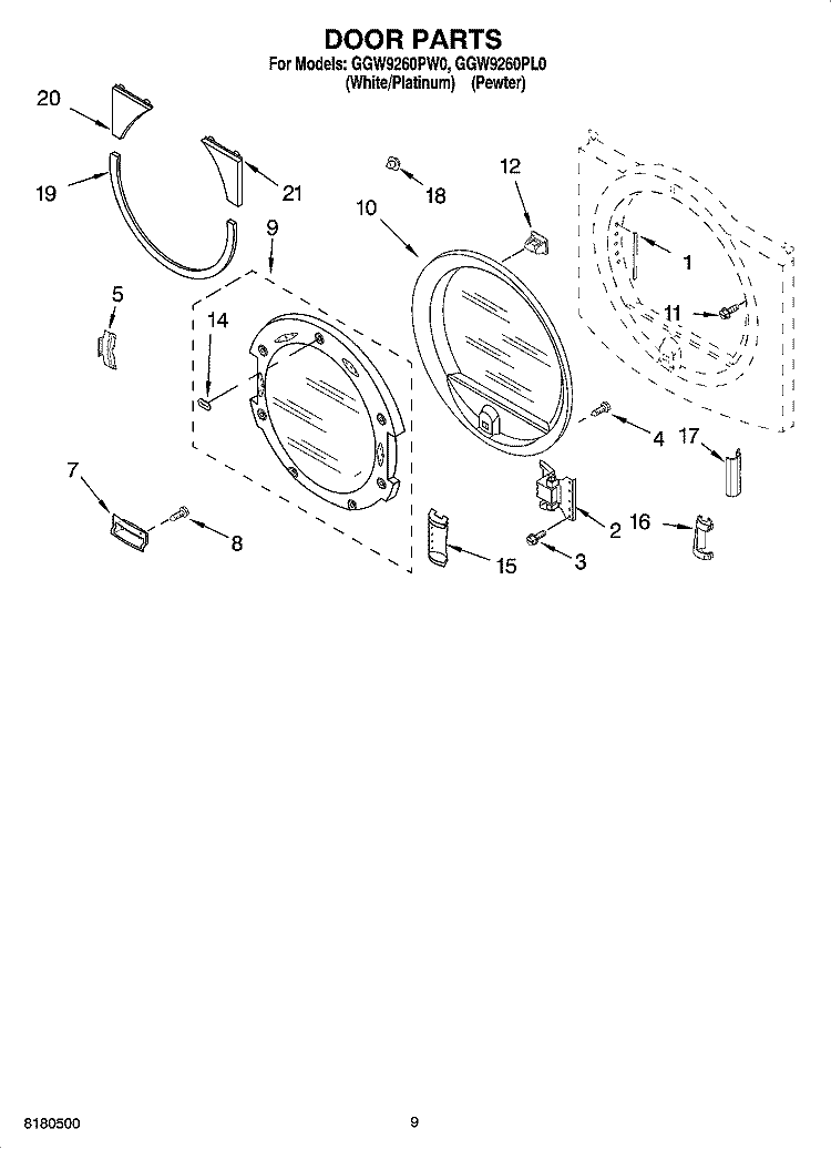 DOOR PARTS Diagram and Parts List for GGW9260PL0  Whirlpool Dryer