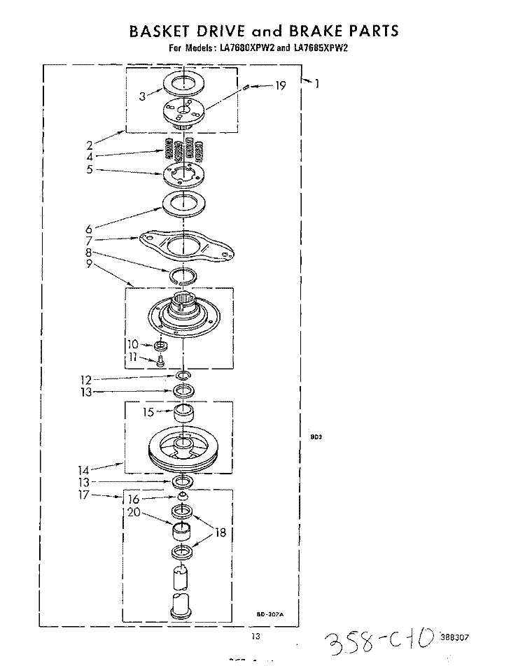 BASKET DRIVE AND BRAKE Diagram and Parts List for LA7680XPW2  Whirlpool Washer