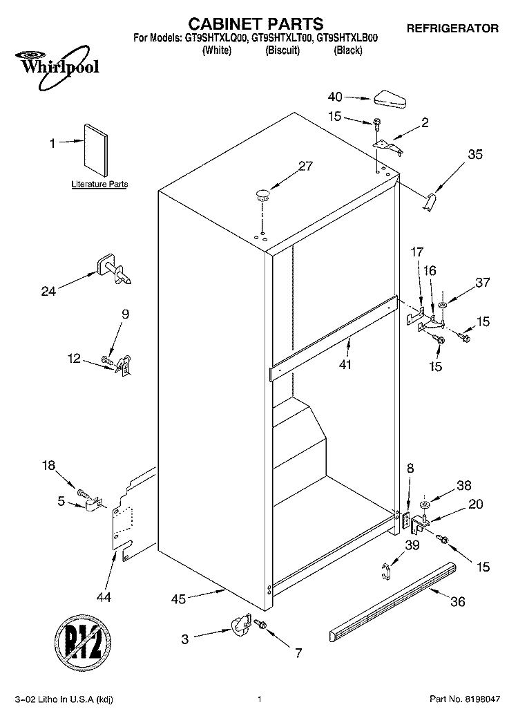 CABINET, LITERATURE Diagram and Parts List for GT9SHTXLB00  Whirlpool Refrigerator