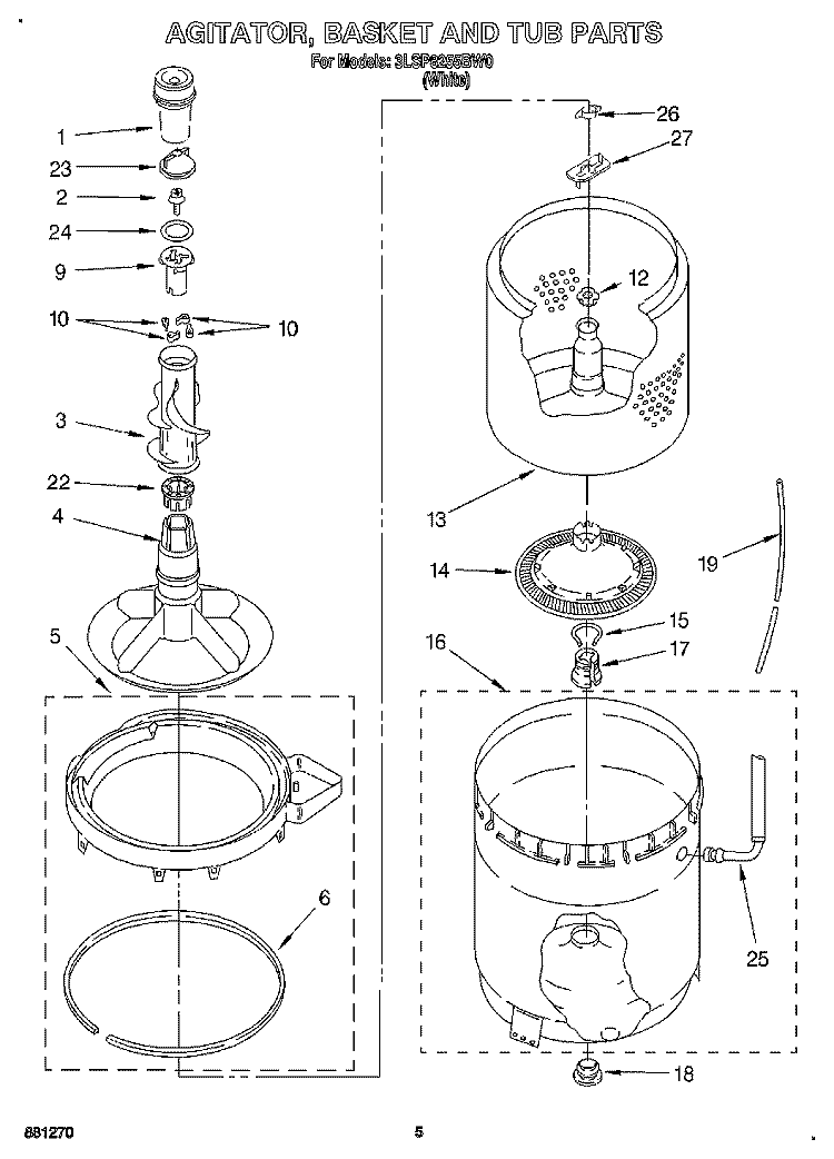 AGITATOR, BASKET AND TUB Diagram and Parts List for 3LSP8255BW0  Whirlpool Washer