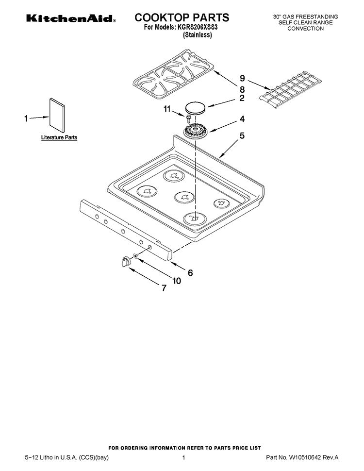 COOKTOP PARTS Diagram and Parts List for KGRS206XSS3  KitchenAid Range
