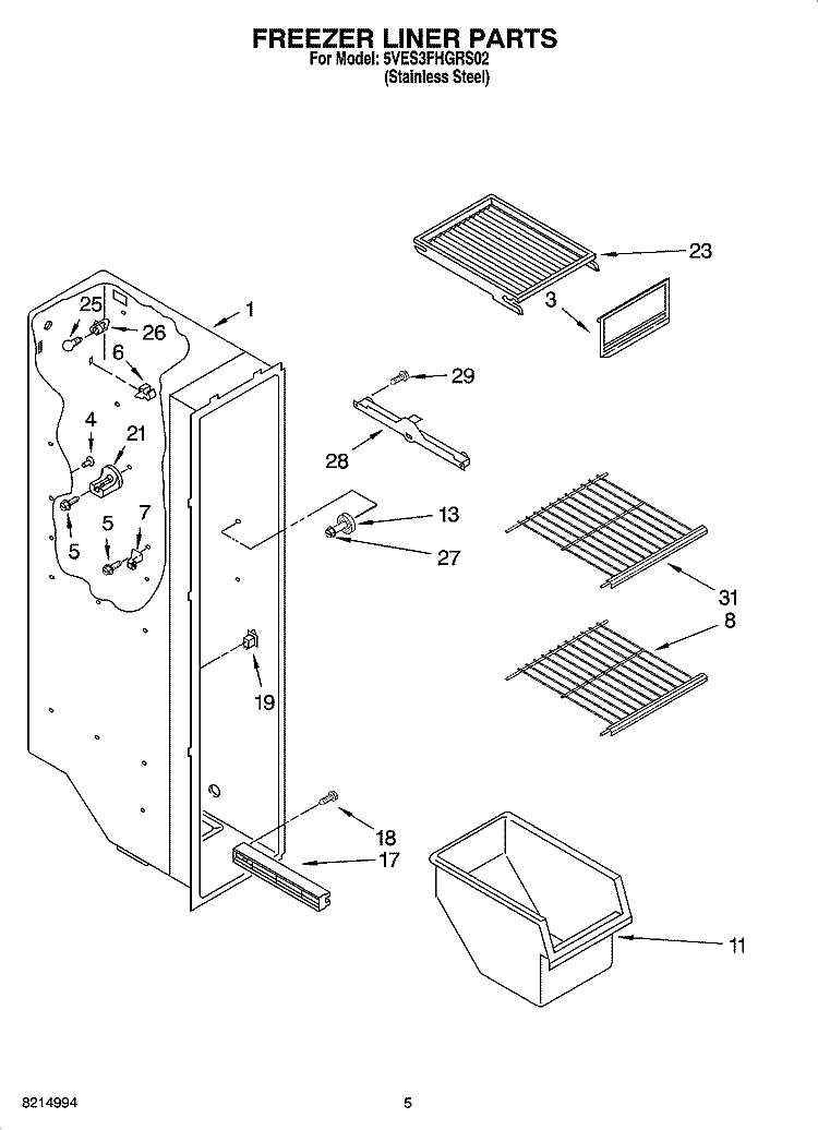 FREEZER LINER PARTS Diagram and Parts List for 5VES3FHGRS02  Whirlpool Refrigerator