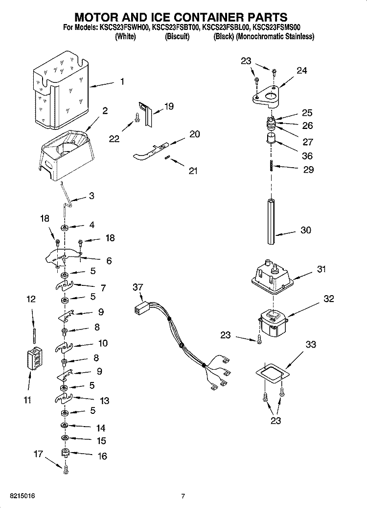 MOTOR AND ICE CONTAINER PARTS Diagram and Parts List for KSCS23FSBL00  KitchenAid Refrigerator