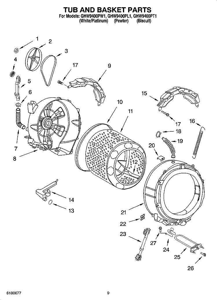 TUB AND BASKET PARTS Diagram and Parts List for GHW9400PT1  Whirlpool Washer