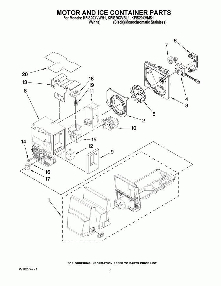 MOTOR AND ICE CONTAINER PARTS Diagram and Parts List for KFIS20XVMS1  KitchenAid Refrigerator