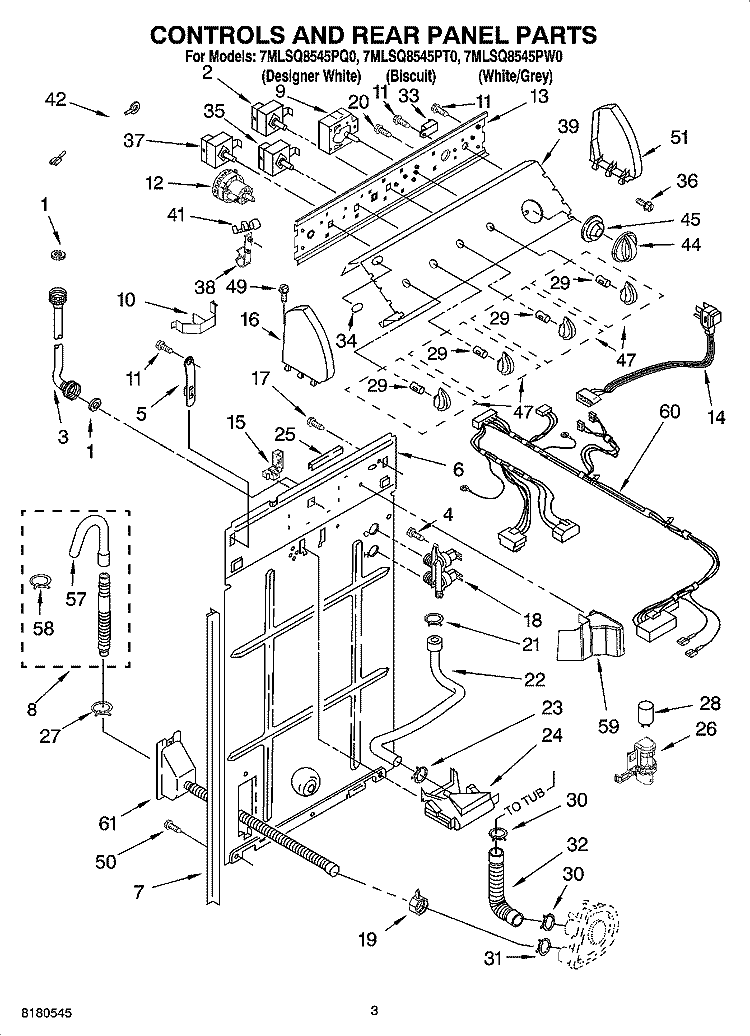 CONTROLS AND REAR PANEL PARTS Diagram and Parts List for 7MLSQ8545PT0  Whirlpool Washer