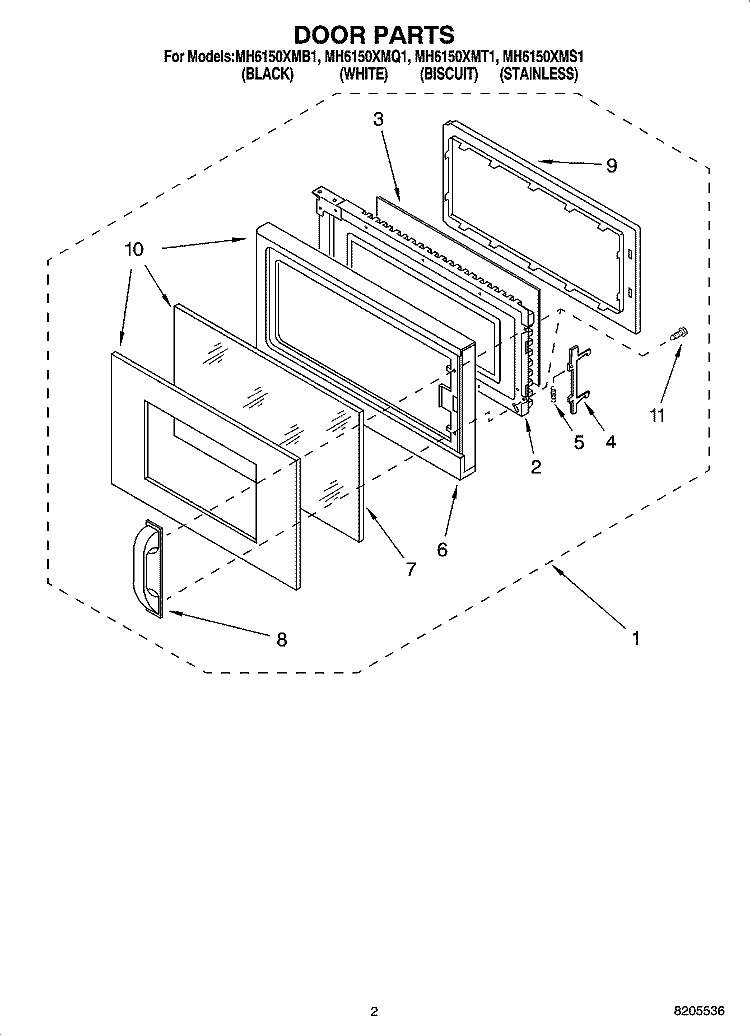 DOOR PARTS Diagram and Parts List for MH6150XMS1  Whirlpool Microwave