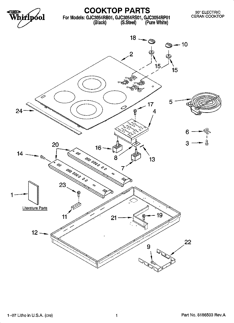 COOKTOP PARTS, OPTIONAL PARTS Diagram and Parts List for GJC3054RS01  Whirlpool Cooktop