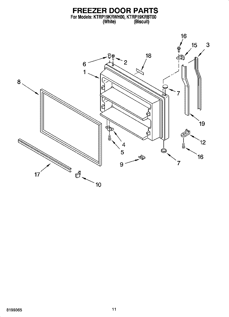 FREEZER DOOR PARTS, OPTIONAL PARTS Diagram and Parts List for KTRP19KRBT00  Whirlpool Refrigerator