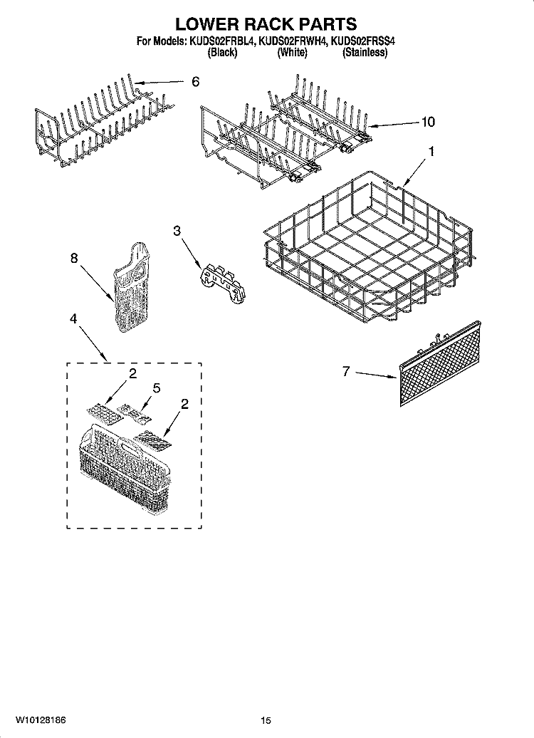 LOWER RACK PARTS, OPTIONAL PARTS (NOT INCLUDED) Diagram and Parts List for KUDS02FRWH4  KitchenAid Dishwasher