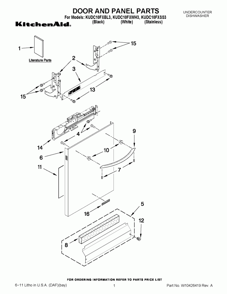 DOOR AND PANEL PARTS Diagram and Parts List for KUDC10FXSS3  KitchenAid Dishwasher