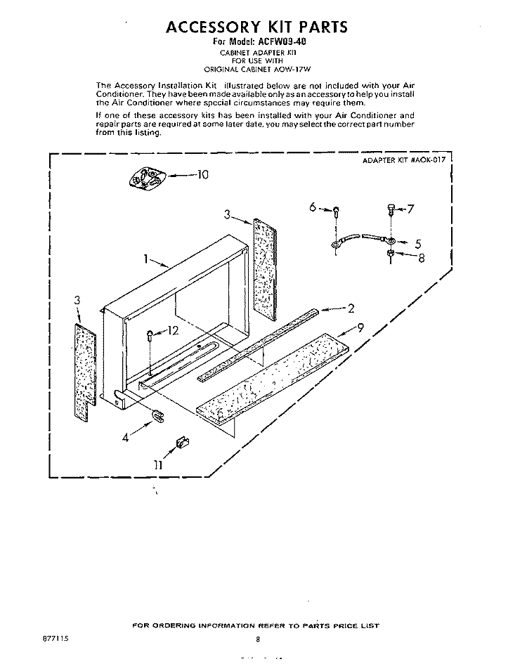 ACCESSORY KIT PARTS Diagram and Parts List for ACFW0940  Whirlpool Air Conditioner
