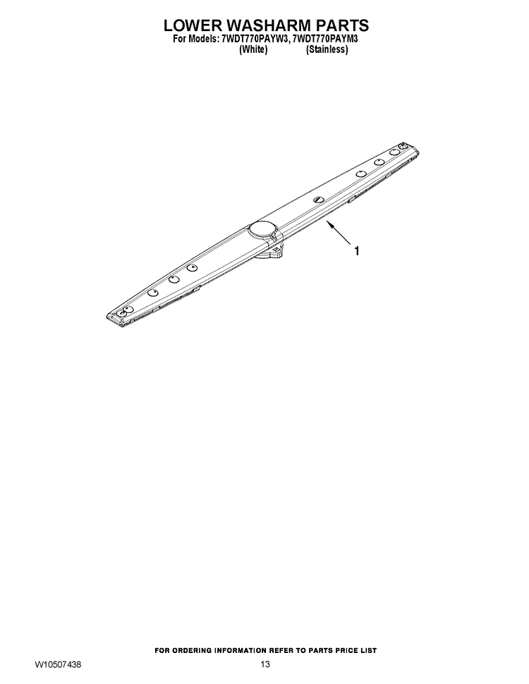 LOWER WASHARM PARTS Diagram and Parts List for 7WDT770PAYW3  Whirlpool Dishwasher