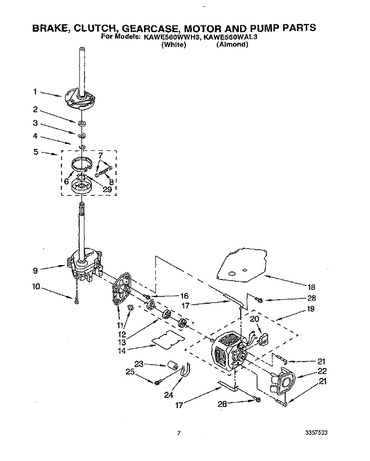 BRAKE, CLUTCH, GEARCASE, MOTOR & PUMP Diagram and Parts List for KAWE560WAL3  KitchenAid Washer