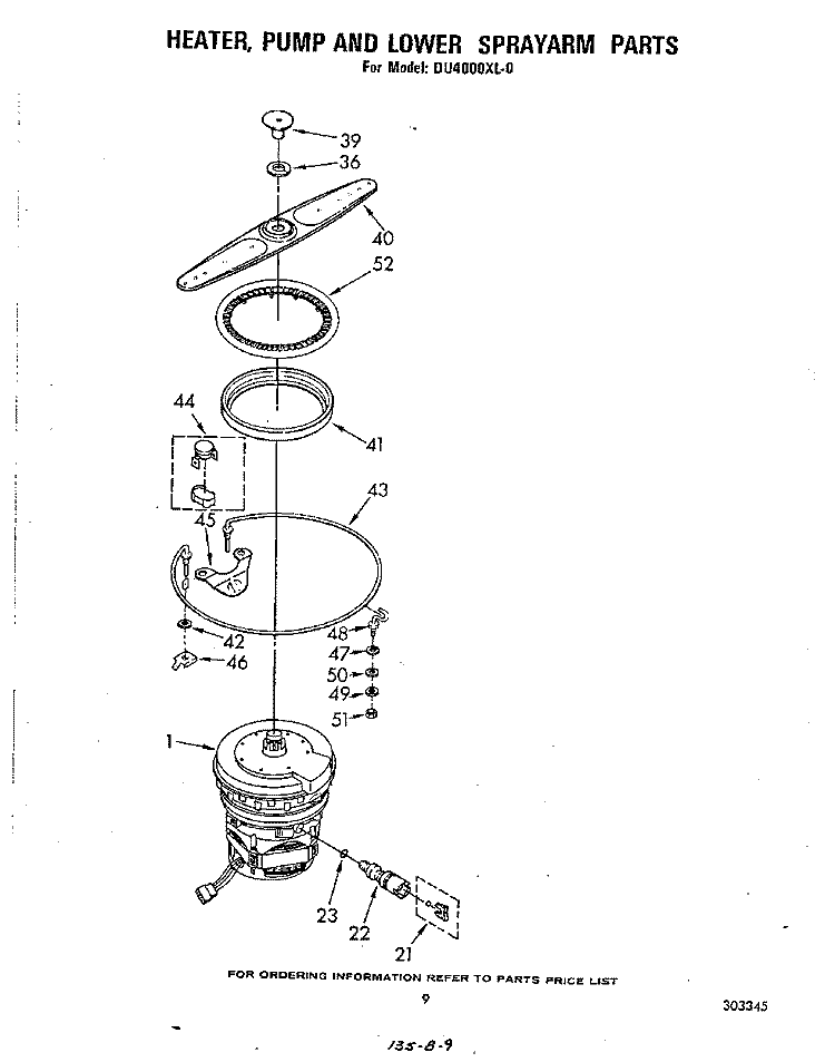 HEATER, PUMP AND LOWER SPRAYARM Diagram and Parts List for DU4000XL0  Whirlpool Dishwasher