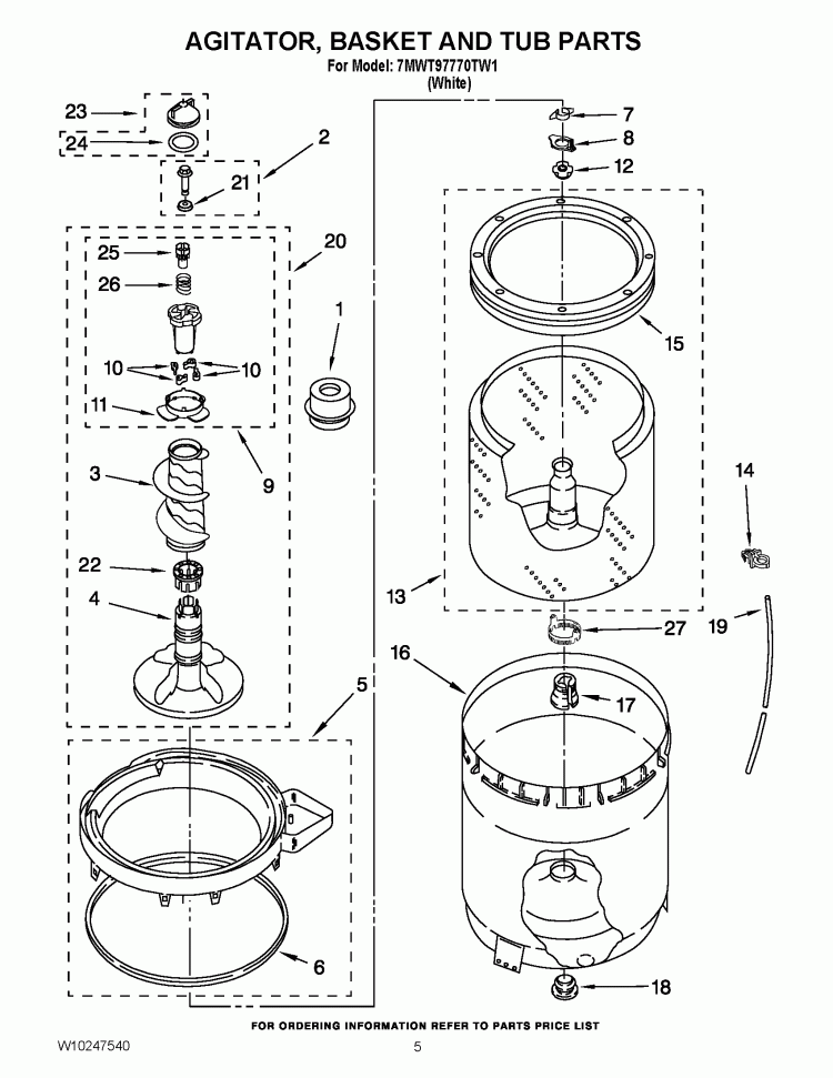 AGITATOR, BASKET AND TUB PARTS Diagram and Parts List for 7MWT97770TW1  Whirlpool Washer
