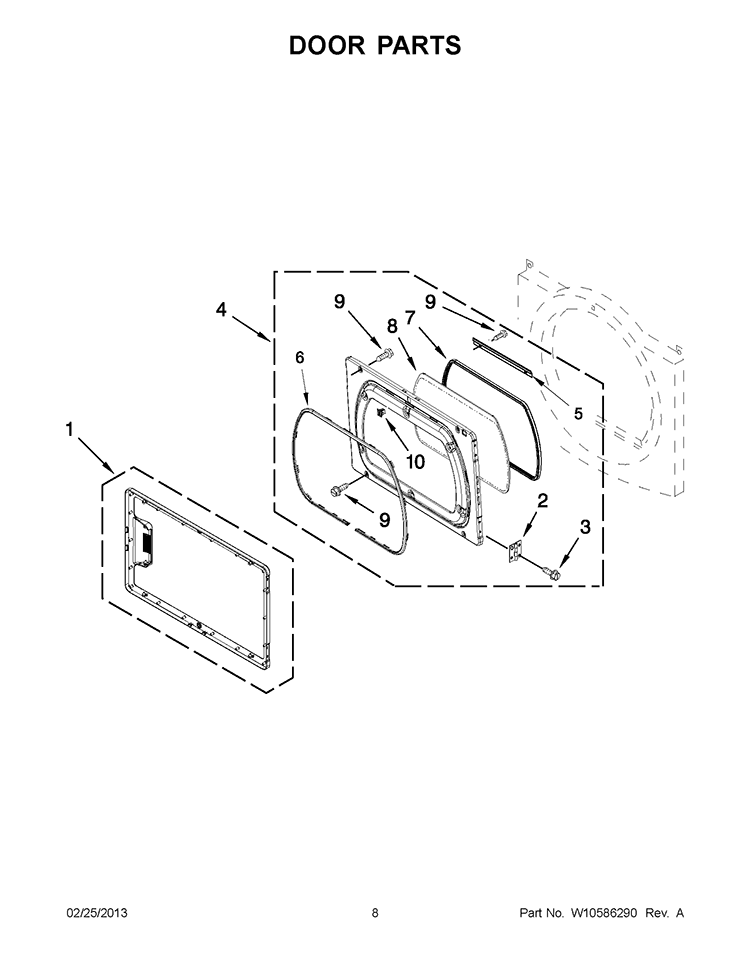DOOR PARTS Diagram and Parts List for YWED5700AC1  Whirlpool Dryer