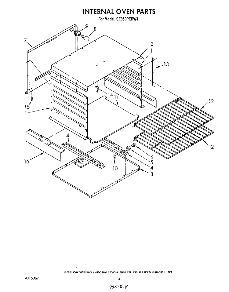 INTERNAL OVEN Diagram and Parts List for SE950PERW4  Whirlpool Range