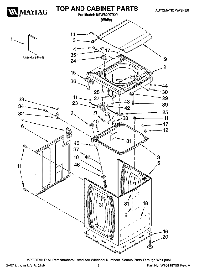 TOP AND CABINET PARTS Diagram and Parts List for MTW6400TQ0  Whirlpool Washer