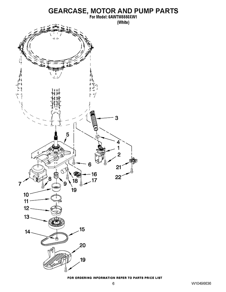 GEARCASE, MOTOR AND PUMP PARTS Diagram and Parts List for 6AWTW5550XW1  Whirlpool Washer