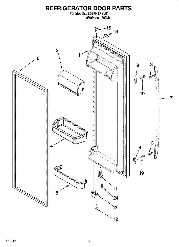 REFRIGERATOR DOOR PARTS Diagram and Parts List for ED2FHEXSL01  Whirlpool Refrigerator