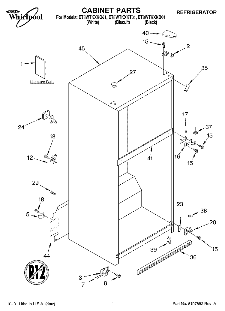 CABINET, LITERATURE Diagram and Parts List for ET8WTKXKT01  Whirlpool Refrigerator
