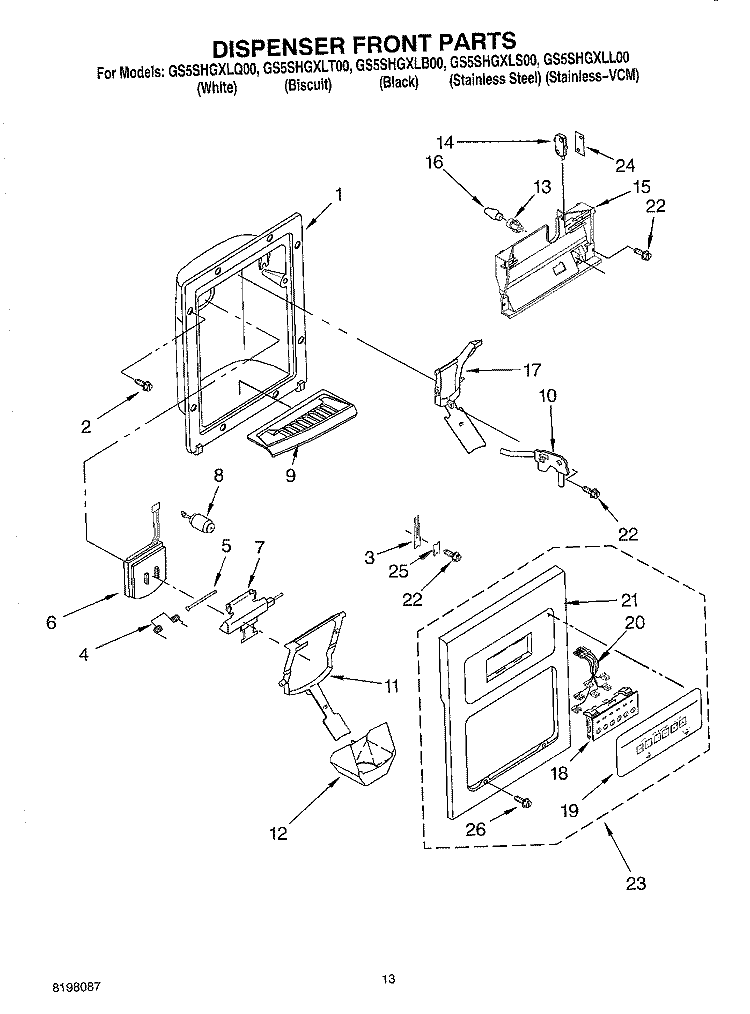 DISPENSER FRONT Diagram and Parts List for GS5SHGXLQ00  Whirlpool Refrigerator