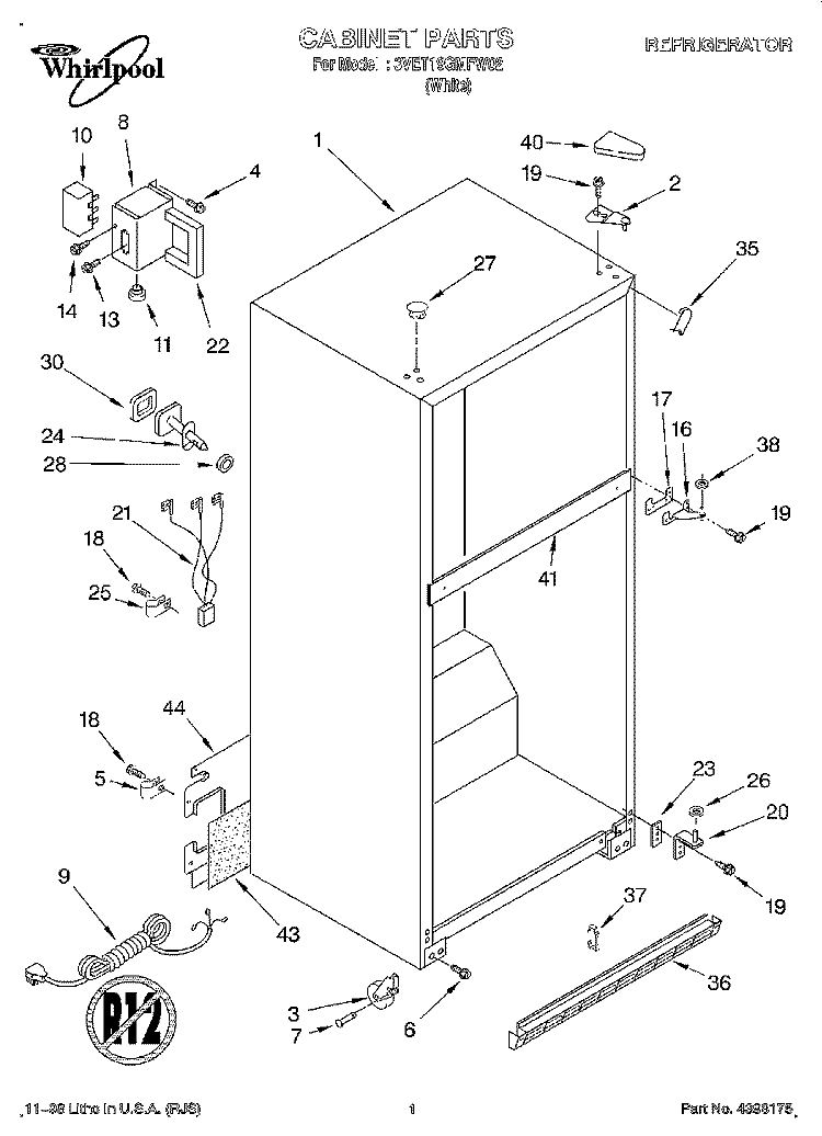 CABINET Diagram and Parts List for 3VET19GMFW02  Whirlpool Refrigerator