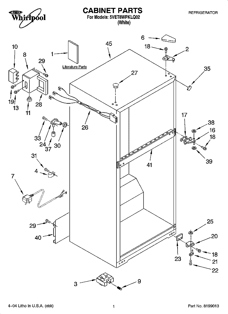 CABINET PARTS Diagram and Parts List for 5VET8WPKLQ02  Whirlpool Refrigerator