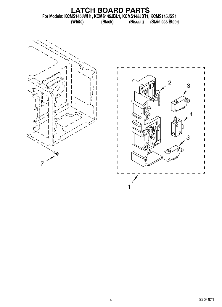 LATCH BOARD PARTS Diagram and Parts List for KCMS145JBT1  KitchenAid Microwave