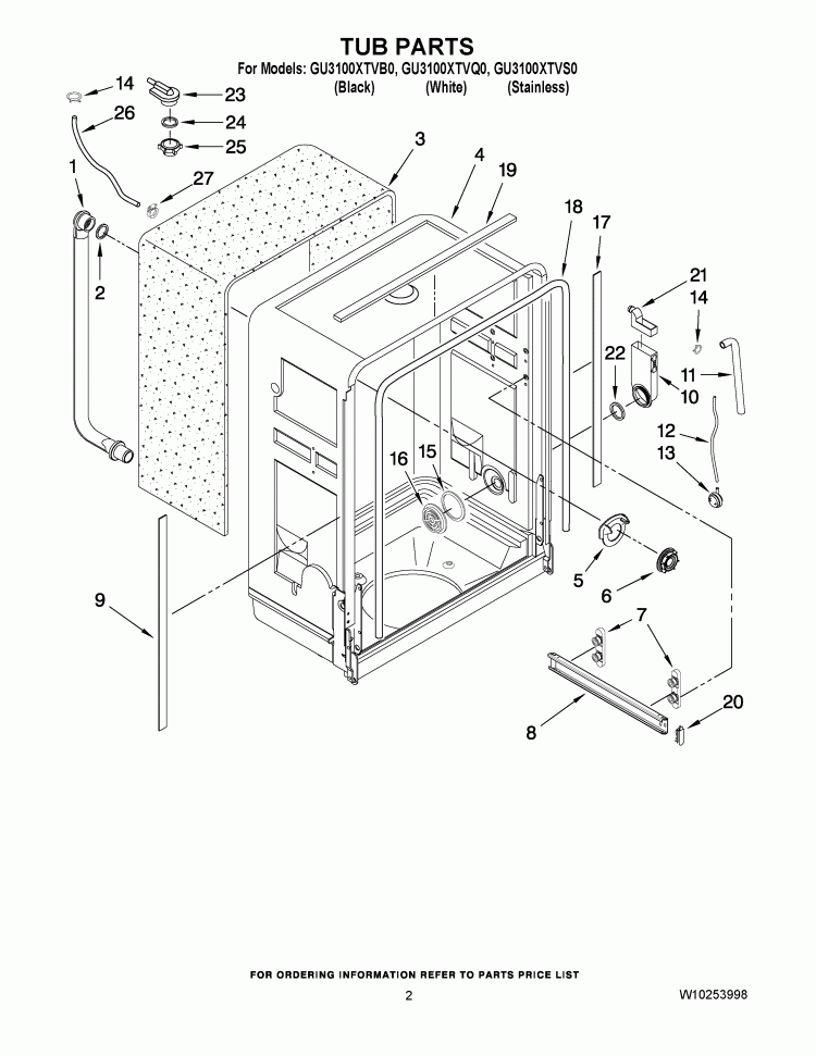 TUB PARTS Diagram and Parts List for GU3100XTVS0  Whirlpool Dishwasher