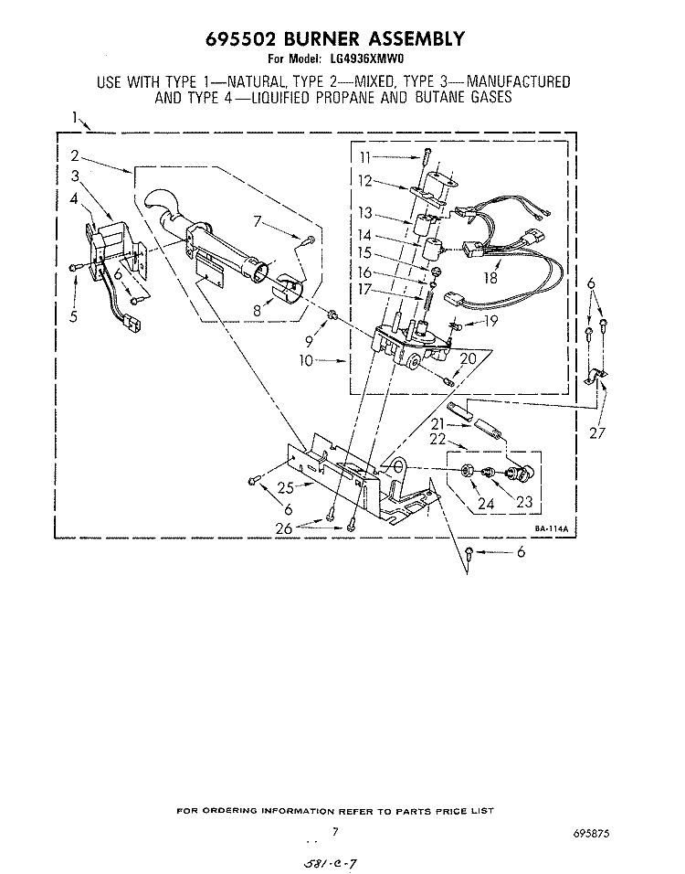 695502 BURNER Diagram and Parts List for LG4936XMW0  Whirlpool Dryer