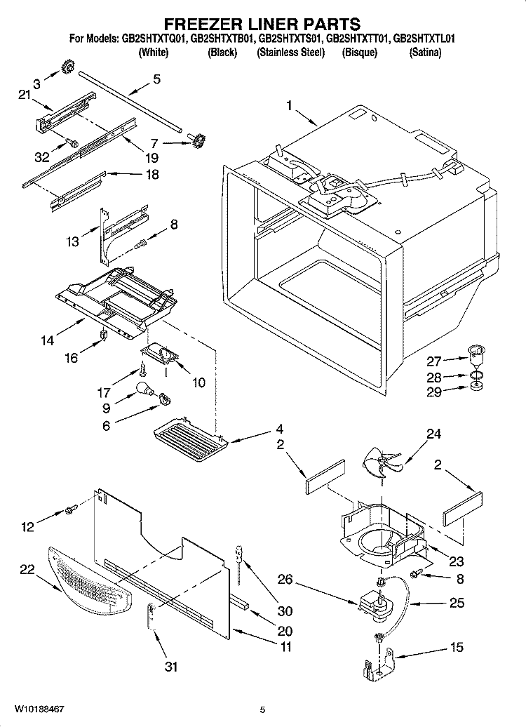 FREEZER LINER PARTS Diagram and Parts List for GB2SHTXTB01  Whirlpool Refrigerator