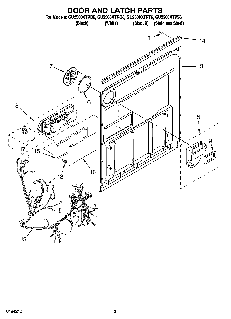 DOOR AND LATCH PARTS Diagram and Parts List for GU2500XTPS6  Whirlpool Dishwasher