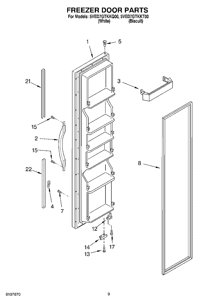 FREEZER DOOR Diagram and Parts List for 5VED7GTKKT00  Whirlpool Refrigerator