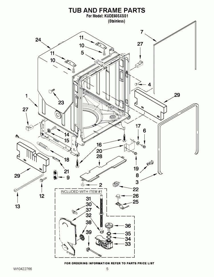 TUB AND FRAME PARTS Diagram and Parts List for KUDE60SXSS1  KitchenAid Dishwasher