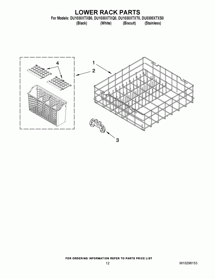 LOWER RACK PARTS Diagram and Parts List for DU0300XTXS0  Whirlpool Dishwasher