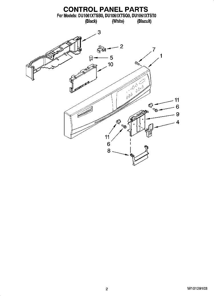 CONTROL PANEL PARTS Diagram and Parts List for DU1061XTST0  Whirlpool Dishwasher