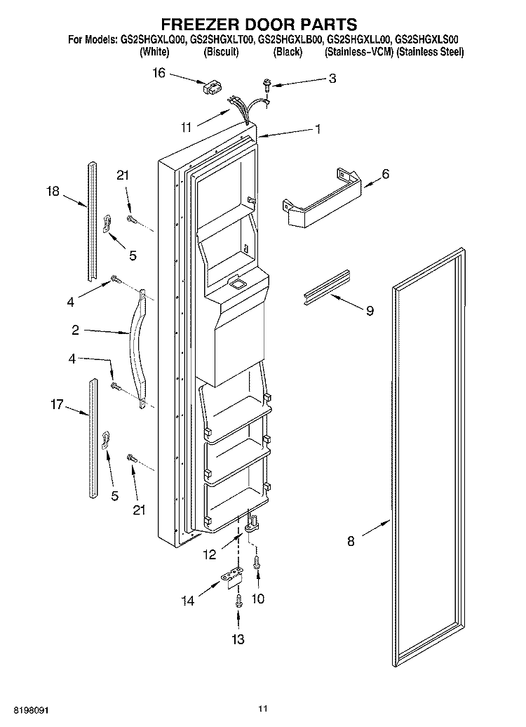 FREEZER DOOR Diagram and Parts List for GS2SHGXLQ00  Whirlpool Refrigerator