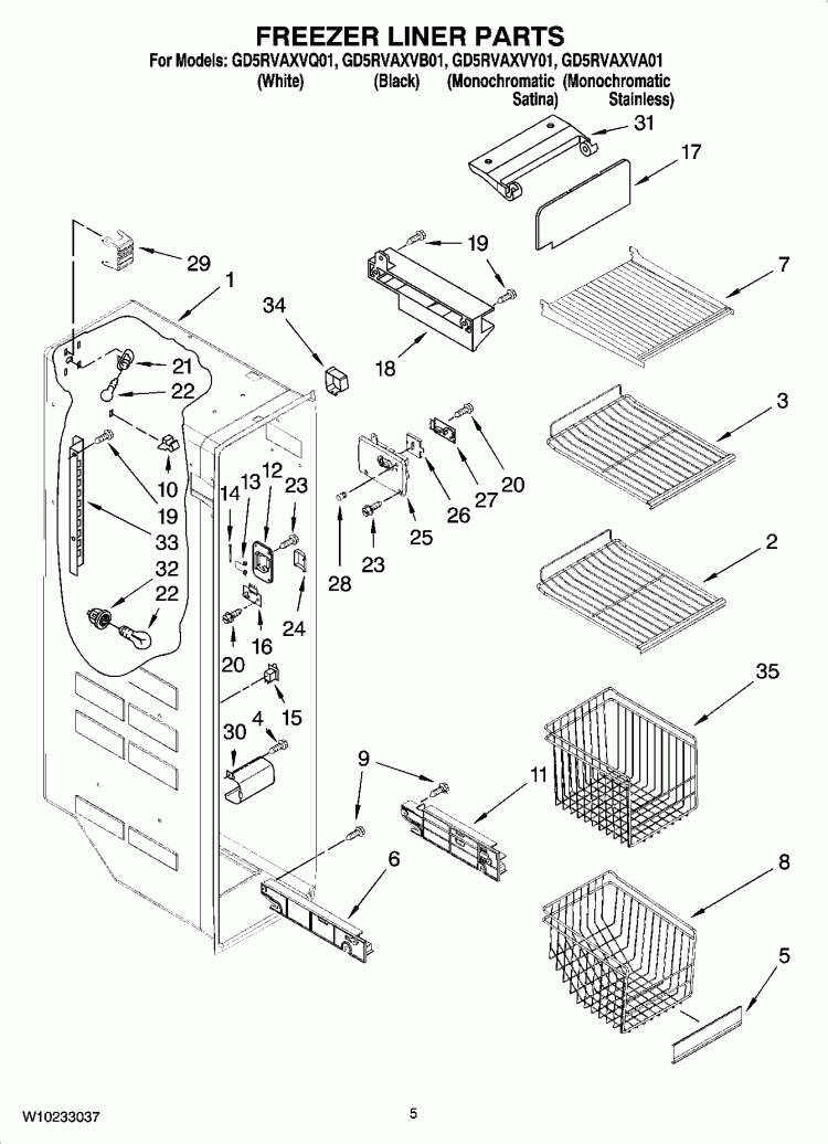 FREEZER LINER PARTS Diagram and Parts List for GD5RVAXVB01  Whirlpool Refrigerator
