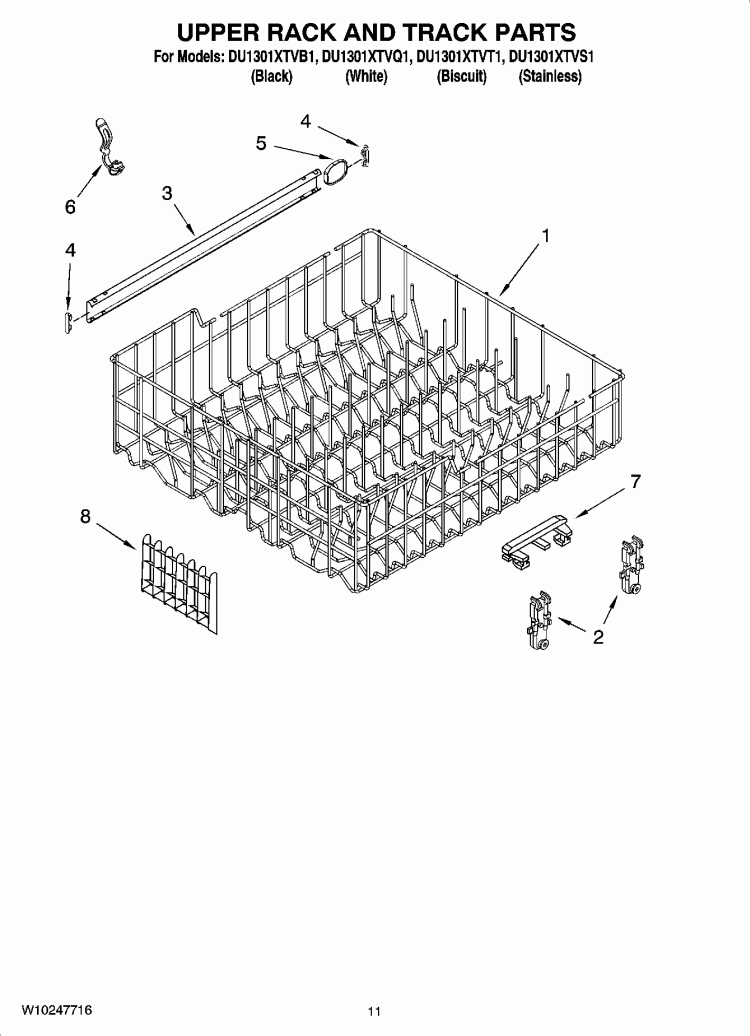 UPPER RACK AND TRACK PARTS Diagram and Parts List for DU1301XTVQ1  Whirlpool Dishwasher