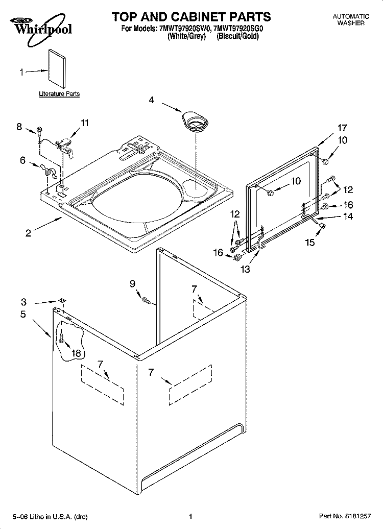 TOP AND CABINET PARTS Diagram and Parts List for 7MWT97920SW0  Whirlpool Washer