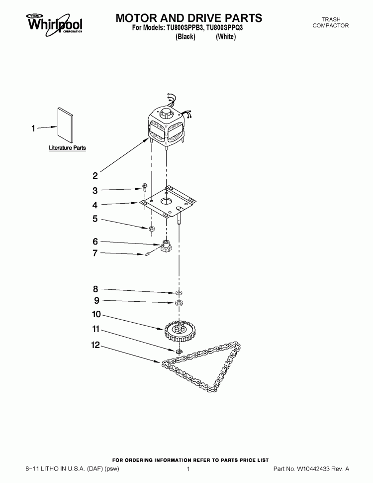 MOTOR AND DRIVE PARTS Diagram and Parts List for TU800SPPB3  Whirlpool Trash Compactor