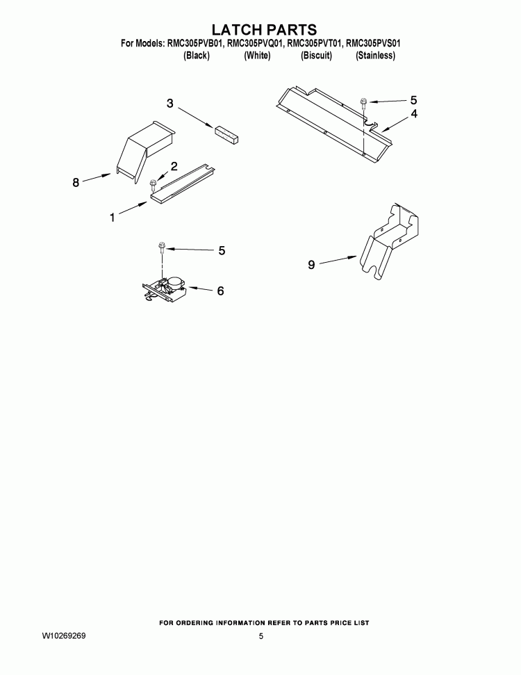 LATCH PARTS Diagram and Parts List for RMC305PVS01  Whirlpool Microwave Oven Combo